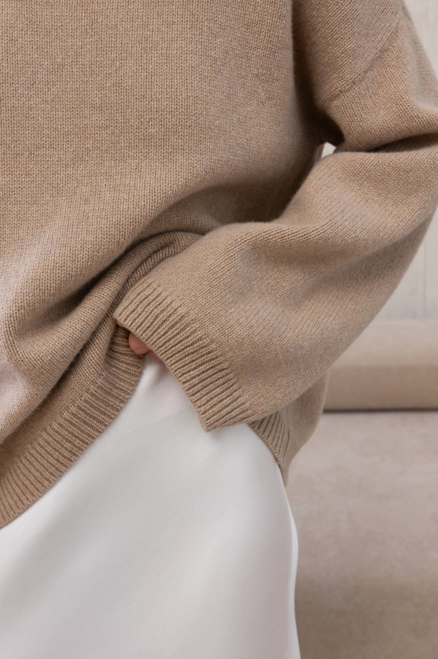 Ivory high neck sweater in merino wool and cashmere